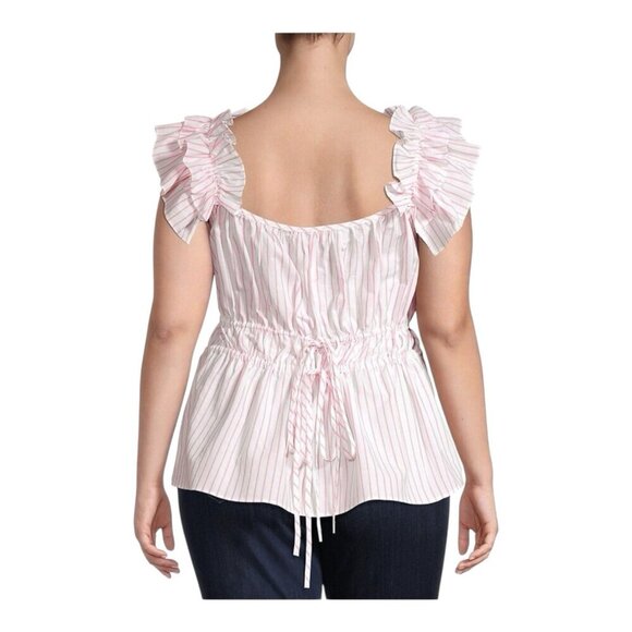 Harshman Alize Striped Ruffle Trim Peplum Linen Blouse Top Medium Pink White - Picture 2 of 7